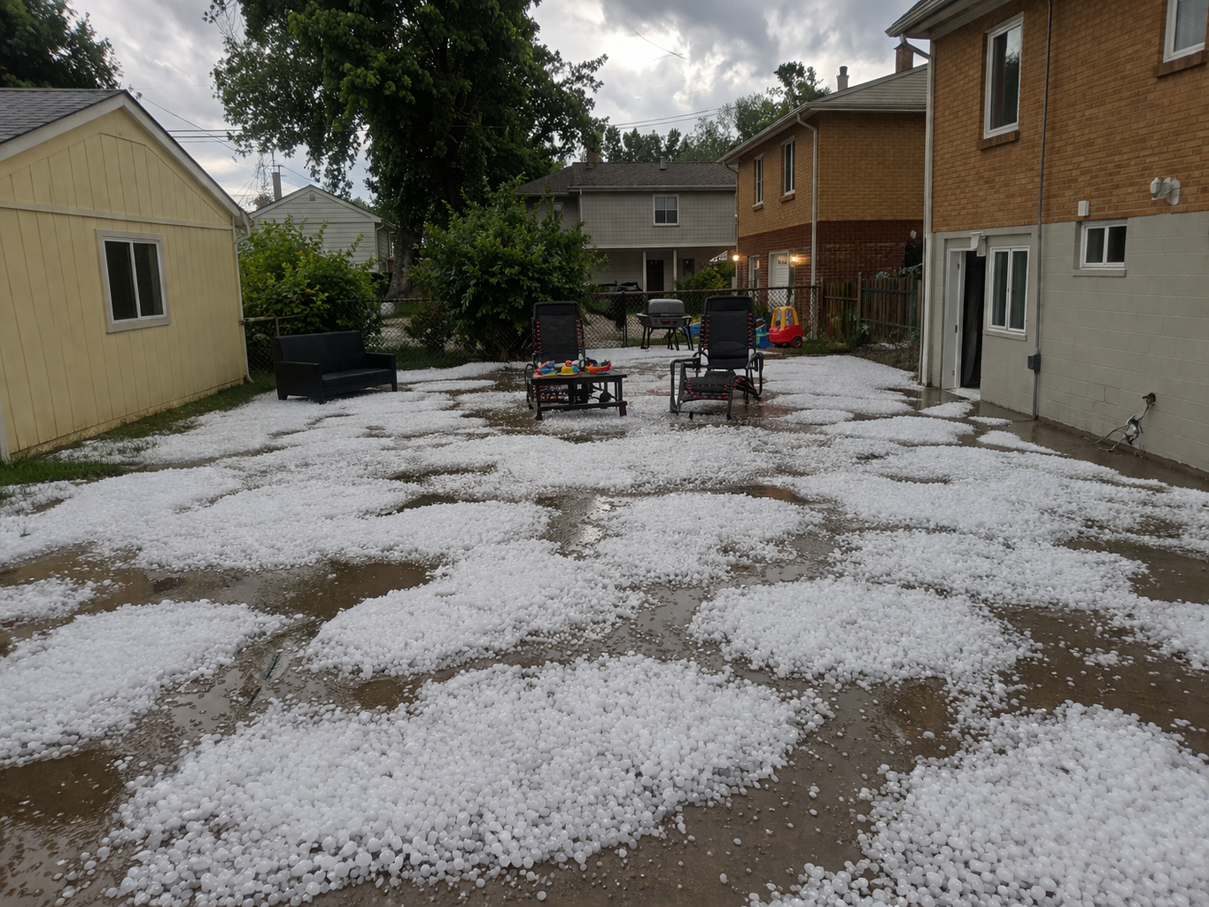 A backyard patio covered in scattered hailstones, with patio furniture and childrens toys visible. The ground appears wet, and the sky is overcast, suggesting a recent hailstorm.