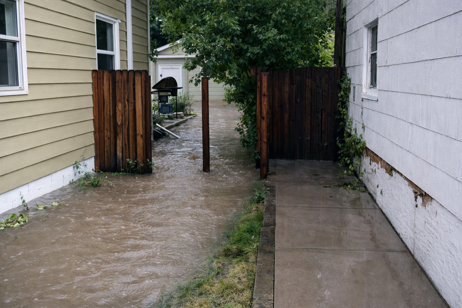 Floodwater covers the ground between two houses and flows through an open wooden gate into a backyard, while a narrow sidewalk beside one house remains above the water.