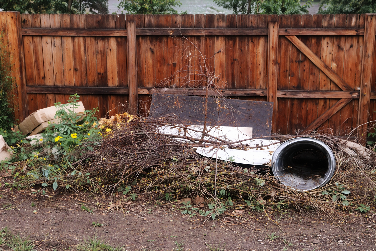 A pile of yard waste, branches, and debris, including a metal barrel and scattered trash, sits in front of a wooden fence on a dirt surface. Some overgrown weeds and yellow flowers are visible among the debris.