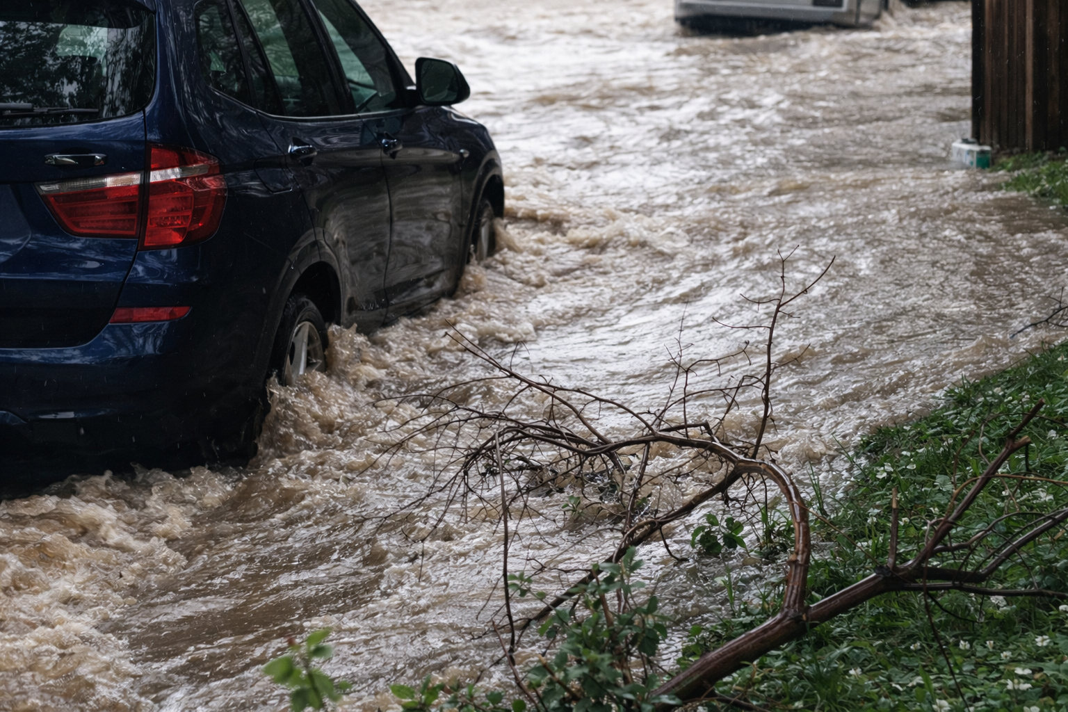 A blue SUV is partially submerged in deep floodwater on a street, with strong currents and a fallen tree branch nearby. Another vehicle is visible ahead, also affected by the flooding.