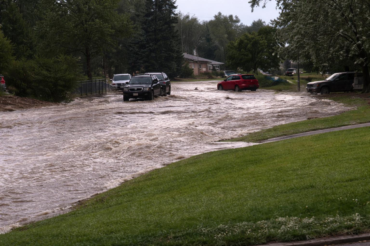 Flooded residential street with several cars partially submerged in fast-moving water, surrounded by trees and grass, under an overcast sky.