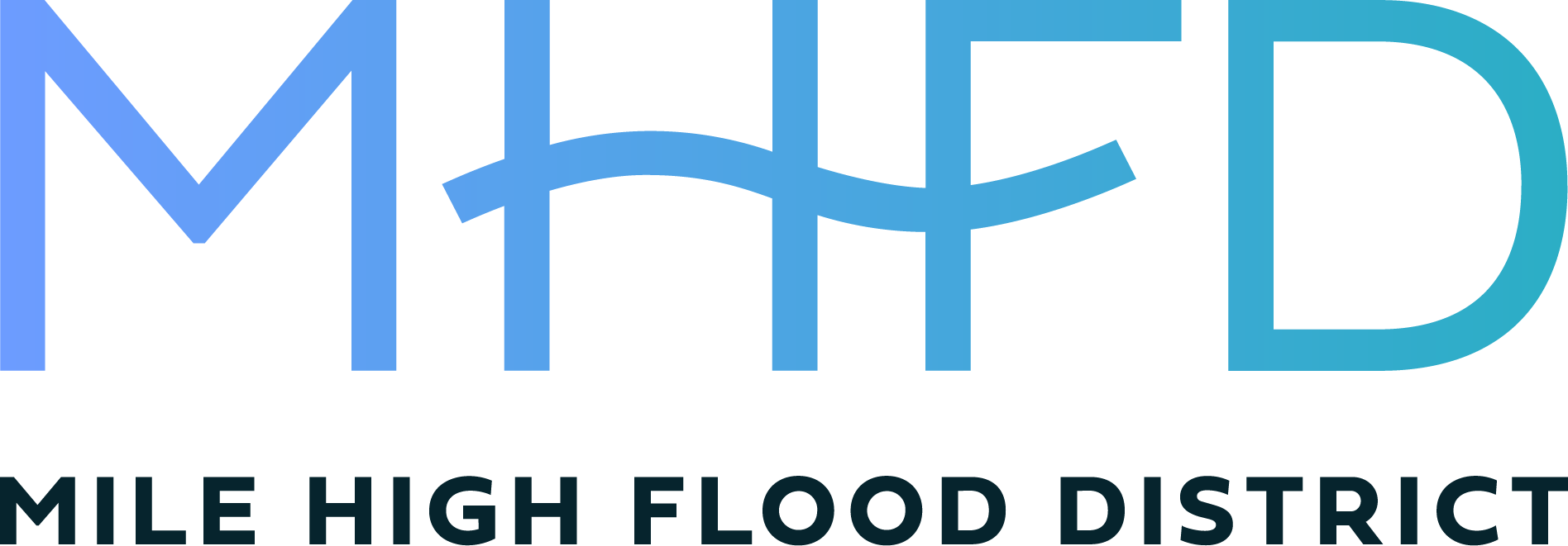 Logo of the Mile High Flood District, featuring the large blue letters MHFD with a wavy line forming the crossbar of the H, and MILE HIGH FLOOD DISTRICT written below in bold black text.