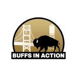 Logo featuring a black bison silhouette in front of a bridge and water tower, with the text BUFFS IN ACTION in bold white letters on a black rectangle at the bottom.