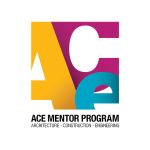 ACE Mentor Program logo featuring large, overlapping letters A in yellow, C in magenta, and E in teal. Below, black text reads: ACE Mentor Program—Architecture, Construction, Engineering.