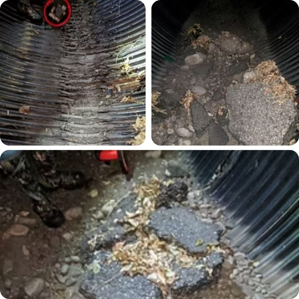 Three photos show the inside of a corrugated pipe: the first with a flashlight illuminating debris and damaged pipe ribs, and the other two with broken asphalt pieces and leaves scattered inside the pipe.