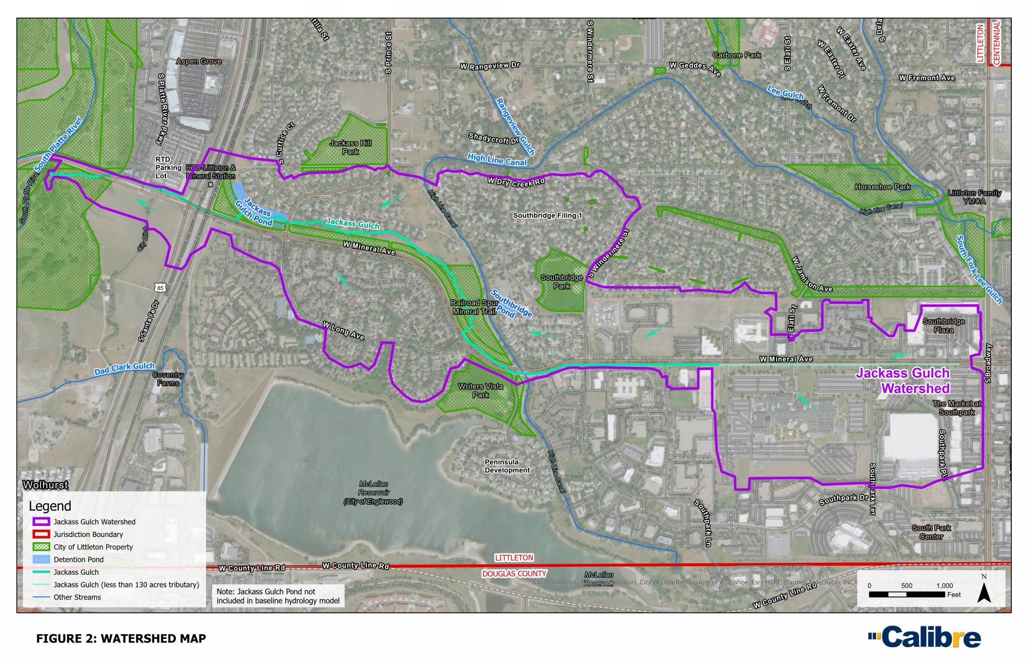 A detailed map of Jackass Gulch Watershed outlined in purple, showing local streets, waterways, green space, and urban areas, with a legend and labels identifying key features and boundaries.