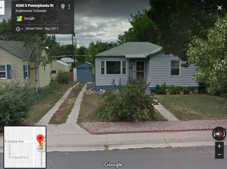 A small, light gray house with a green roof and a front yard, viewed from the street in Englewood, Colorado. There are sidewalks on both sides, a driveway, and some trees and plants in the yard. A map inset shows the location.