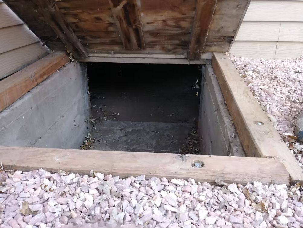 A partially open wooden storm cellar door reveals a dark entrance set in a concrete frame, surrounded by light-colored gravel and the exterior wall of a house.
