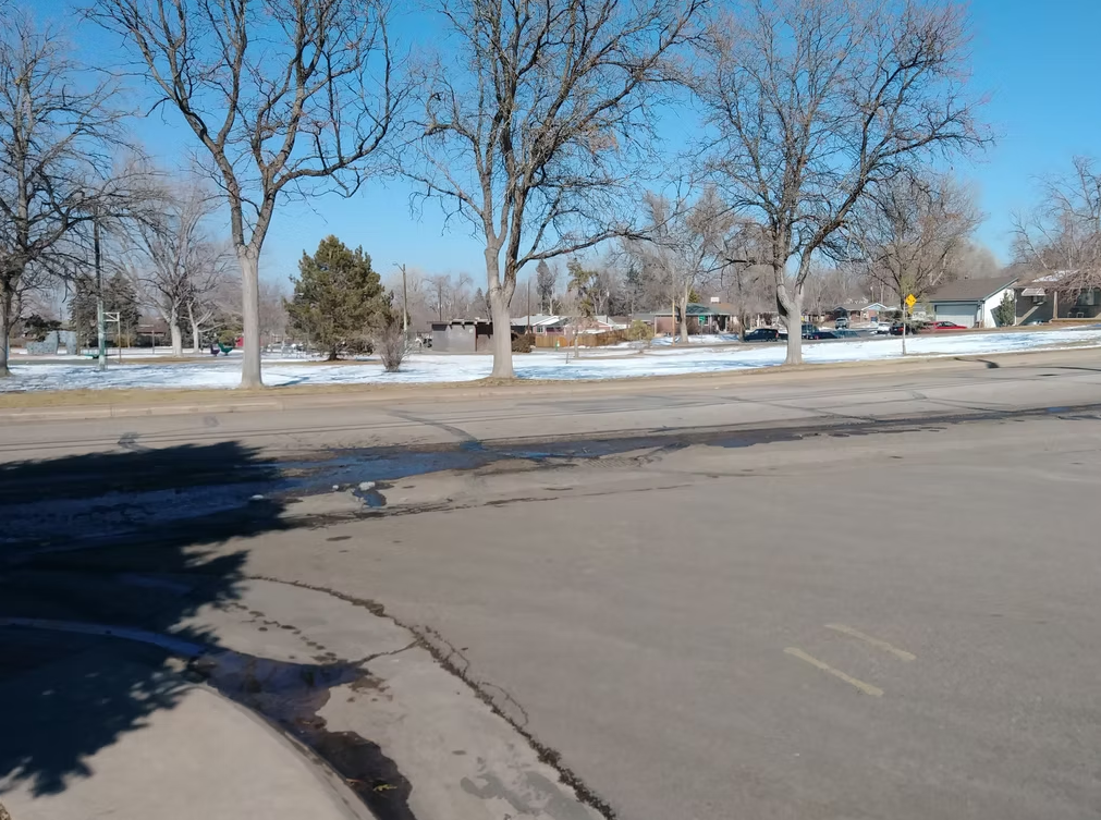 A suburban street with bare trees, patches of snow on the ground, and houses in the background under a clear blue sky. Shadows from trees partially cover the sidewalk and street.