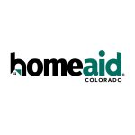 The logo for HomeAid Colorado features the words homeaid COLORADO. Home is in bold black, with a house roof design above the m, and aid is in green. COLORADO appears in black below aid.