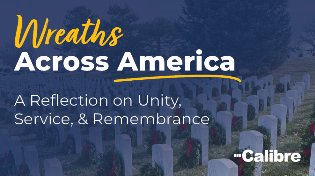 Rows of headstones in a cemetery with wreaths placed on each. Text reads: “Wreaths Across America: A Reflection on Unity, Service, & Remembrance.” Calibre logo appears in the bottom right corner.