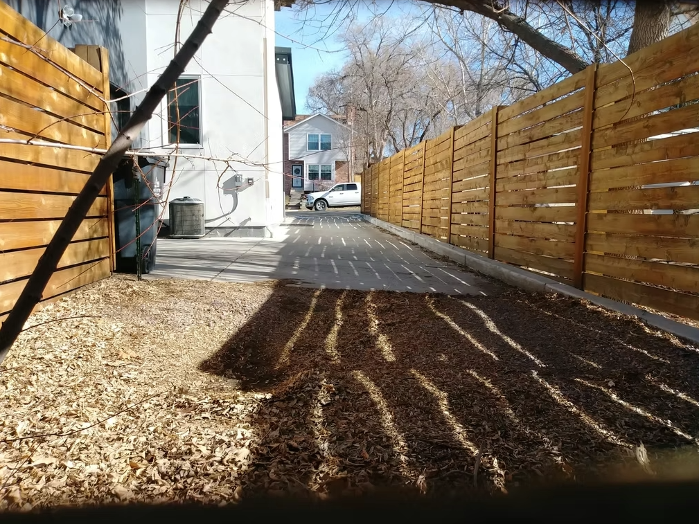 A residential backyard with a wooden fence on the right, a house on the left, and a tree casting shadows on bark-covered ground. A driveway leads to a white pickup truck and another house in the background.