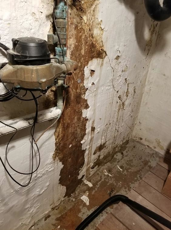 A basement wall with severe water damage; paint and plaster are peeling, exposing brown stains from moisture. The floor is wet and dirty, with rust and mildew visible. Nearby pipes and cables are mounted on the wall.