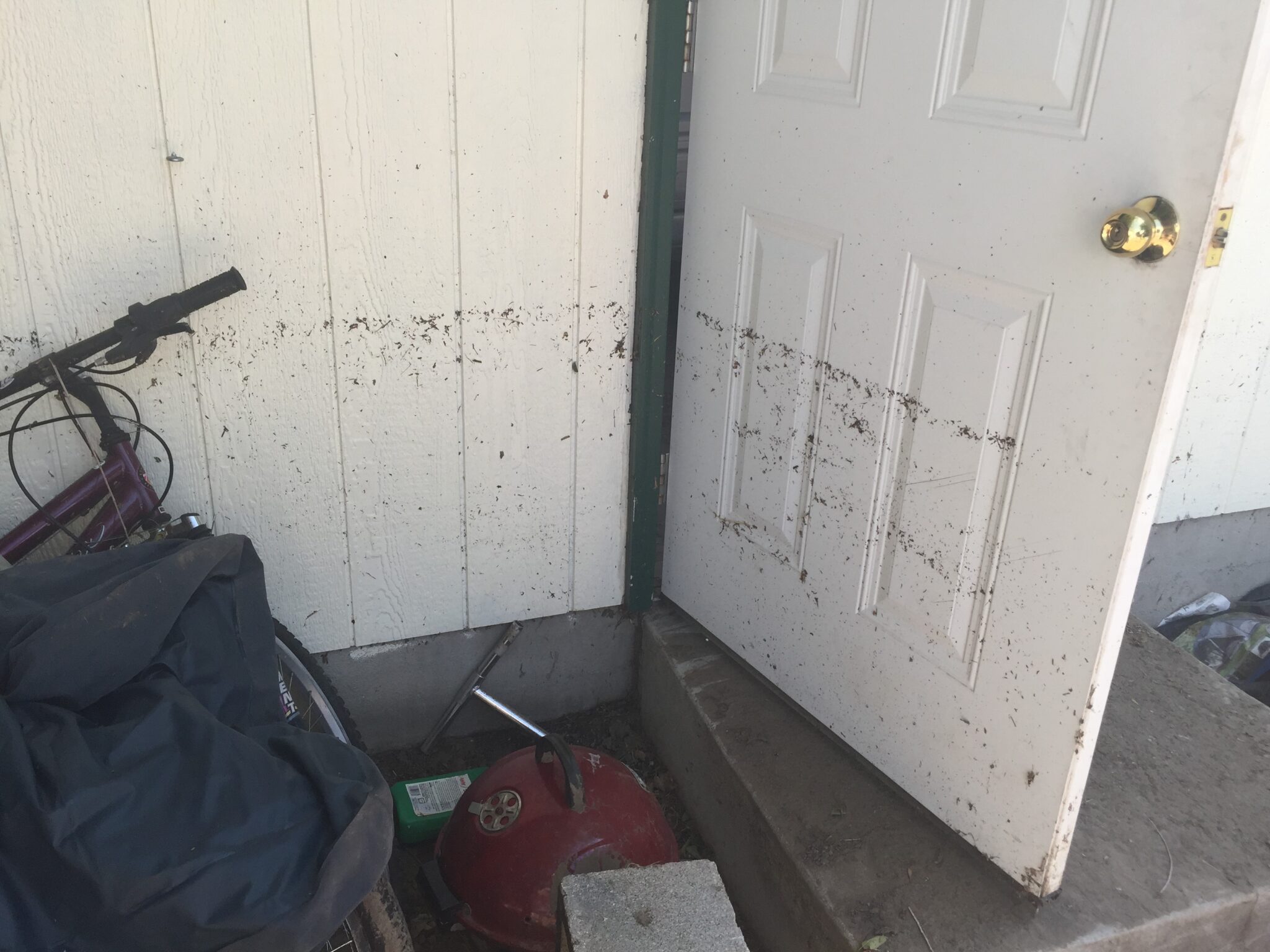 A white door and wall with a visible line of dirt or mud, indicating past flooding. A bicycle, a grill lid, a cinder block, and some clutter are on the ground beside the door.