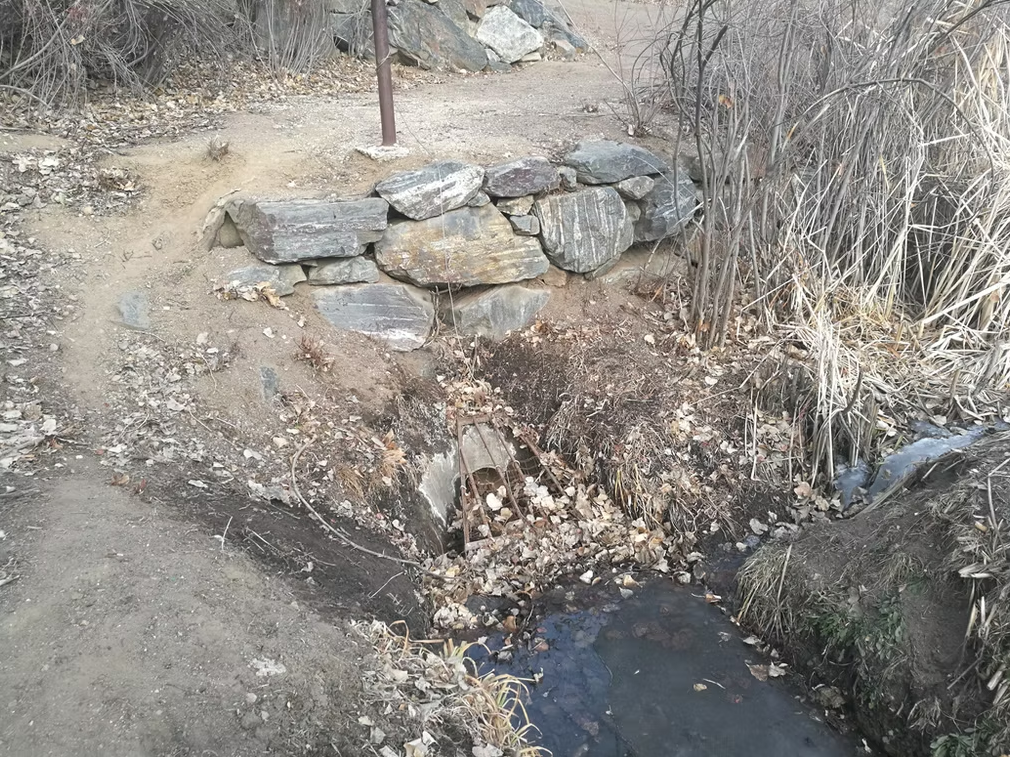 A small creek runs beneath a crude bridge made of wooden planks and rocks, surrounded by dry leaves, bare branches, and dirt paths in a natural outdoor setting.