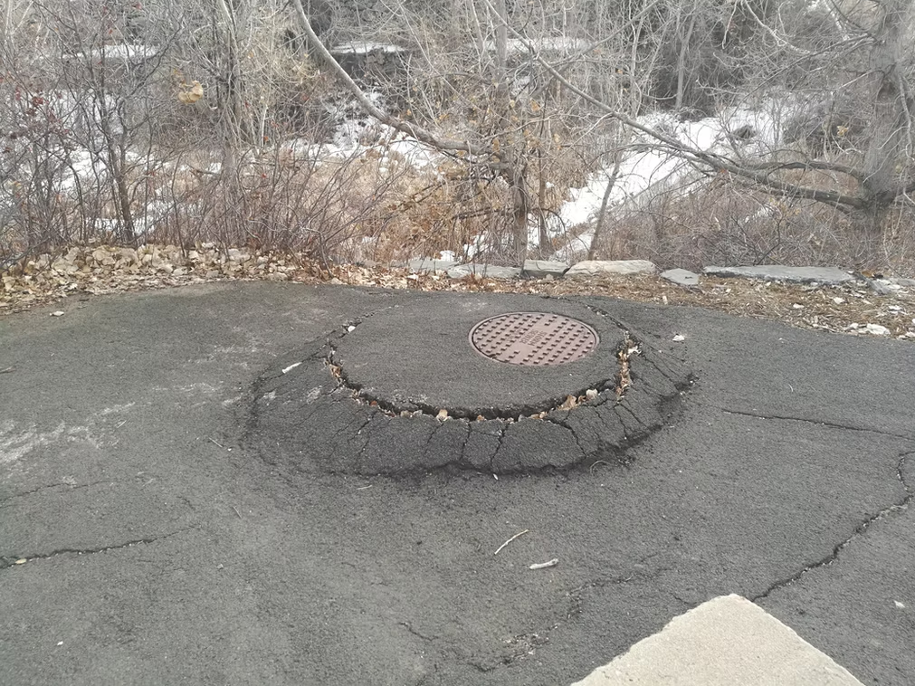 A manhole cover sits atop a mound of cracked, uneven asphalt surrounded by dry, leafless bushes and trees, with patches of snow visible in the background.
