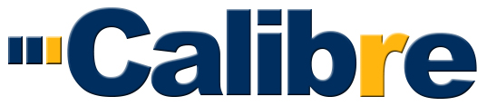 The Calibre logo features the word Calibre in bold, blue letters with the C and part of the r and e in yellow. Three vertical blue and yellow bars appear to the left of the text.